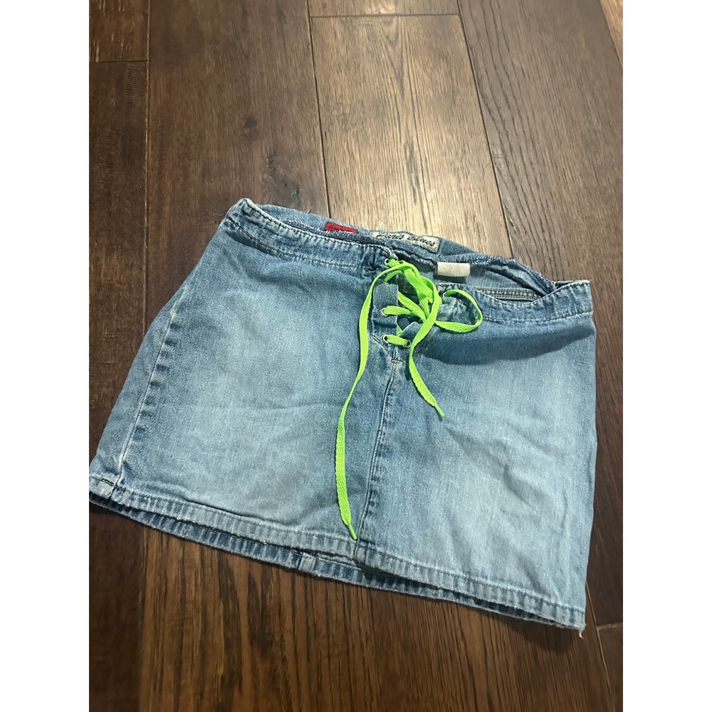 Paris Blues Denim Mini Skirt Light Wash Neon Green Lace Up Front Y2K Size 3